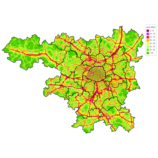 Illustration de l'interface utilisateur montrant la qualité de l'air, la pollution sonore et les géorisques